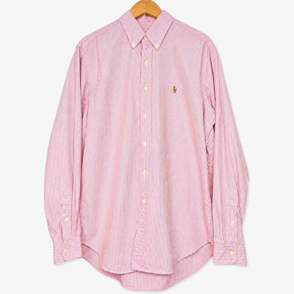 Vintage Ralph Lauren Classic Fit Red White Stripe Button Down Shirt L Cotton
